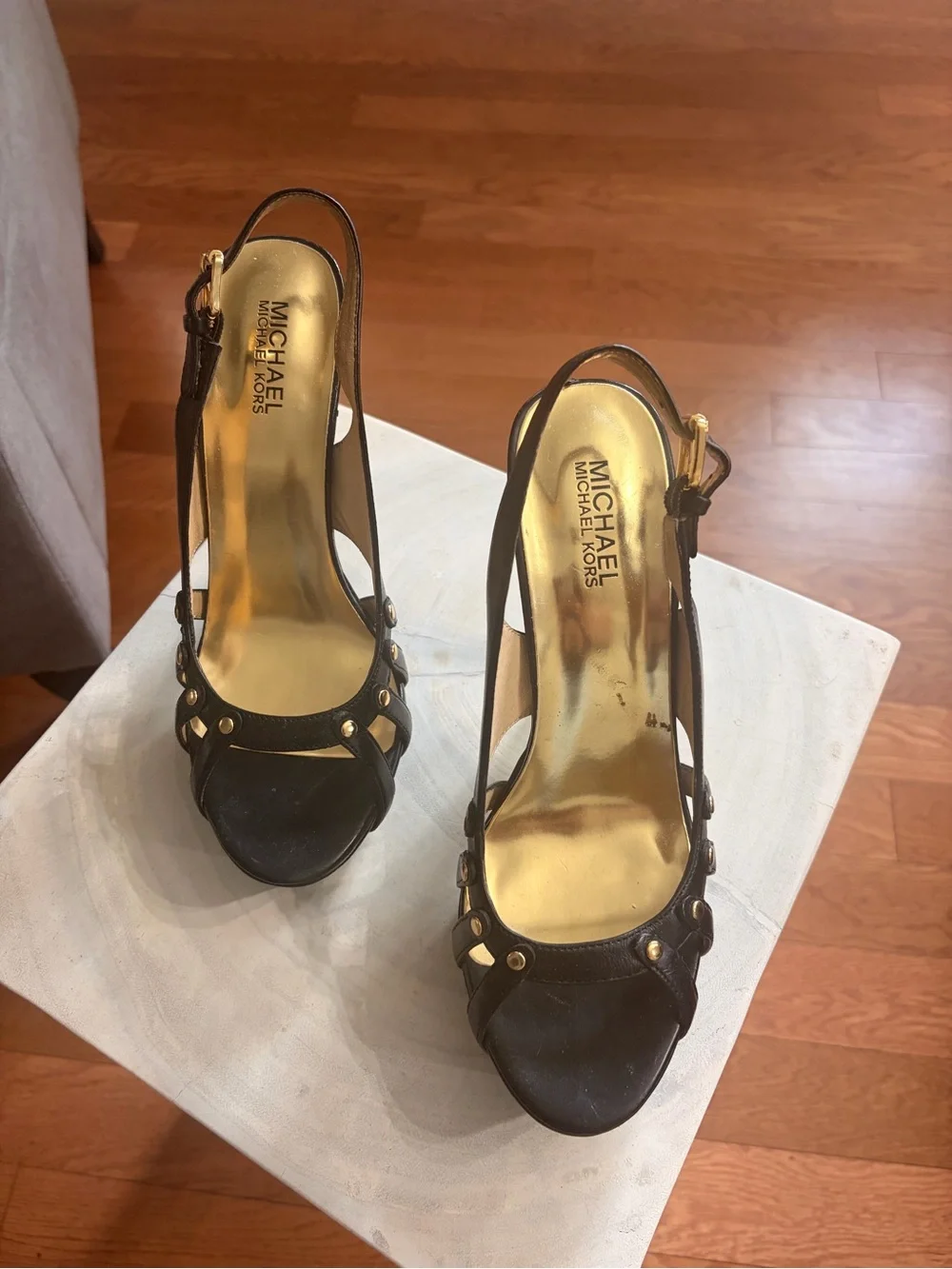 Michael Kors Black Leather Platform Slingback Sandals with Gold Insole